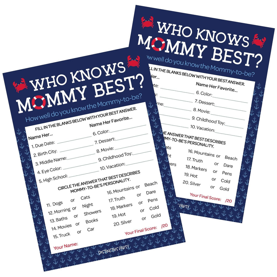 Ahoy It's a Boy: Baby Shower Game - Who Knows Mommy Best Game Cards - 20 Cards - Distinctivs Party