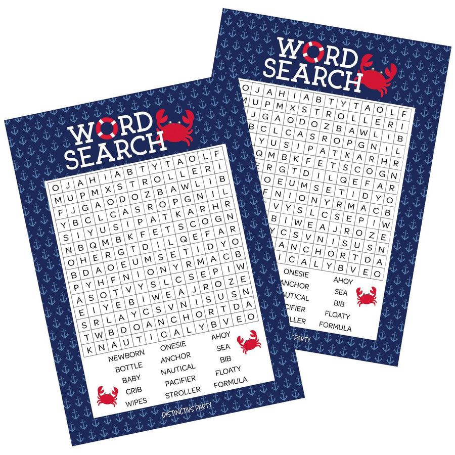 Ahoy It's a Boy:  Baby Shower Game - Word Search-  20 Player Cards - Distinctivs Party