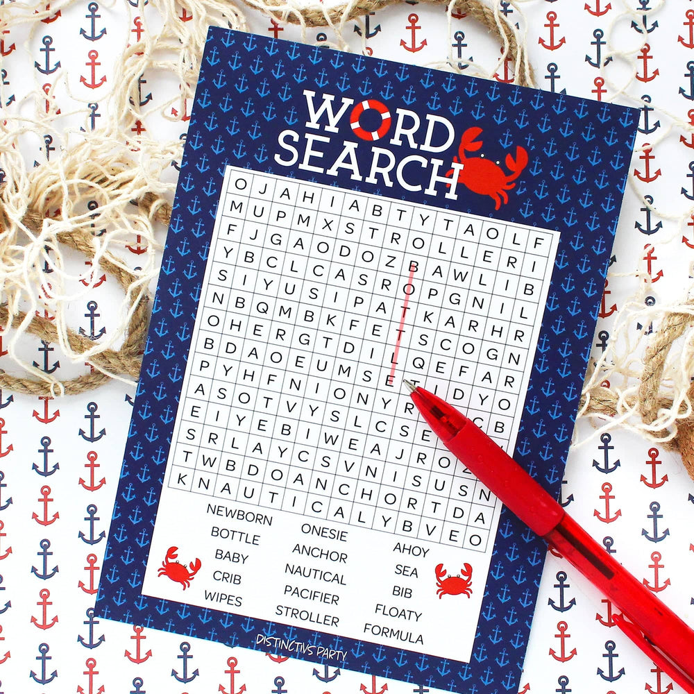 Ahoy It's a Boy:  Baby Shower Game - Word Search-  20 Player Cards - Distinctivs Party