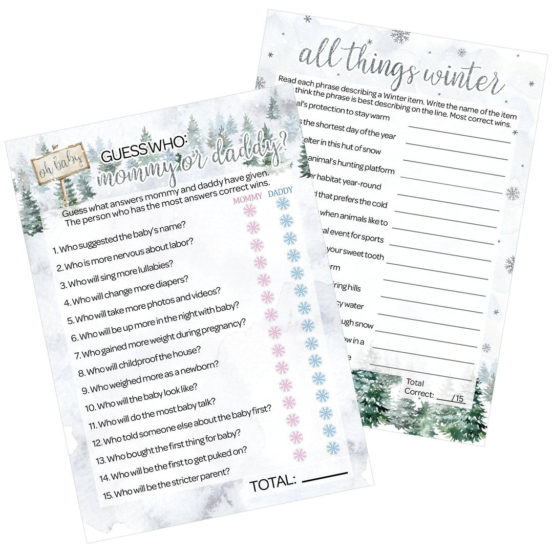 Baby It's Cold Outside Evergreen: Winter Baby Shower Game - "Guess Who" Mommy or Daddy and All Things Winter- Two Game Bundle - 20 Dual Sided Cards