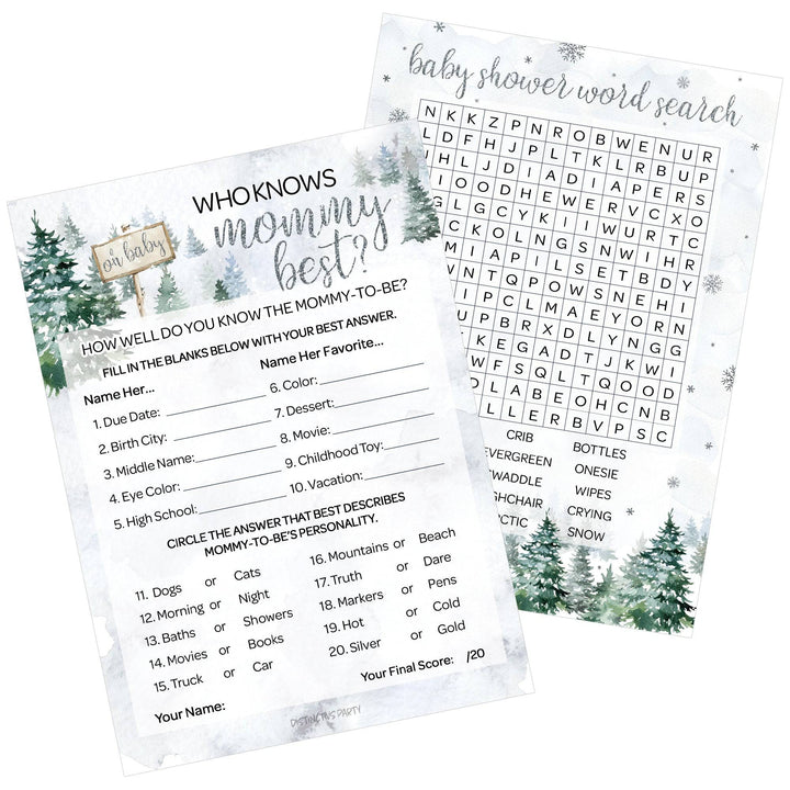 Baby It's Cold Outside Evergreen: Winter Baby Shower Game  - Word Search and Who Knows Mommy Best - Two Game Bundle - 20 Dual Sided Cards