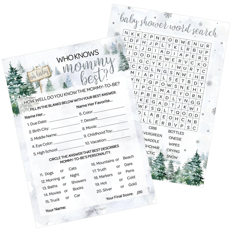 Baby It's Cold Outside Evergreen: Winter Baby Shower Game  - Word Search and Who Knows Mommy Best - Two Game Bundle - 20 Dual Sided Cards - Distinctivs Party