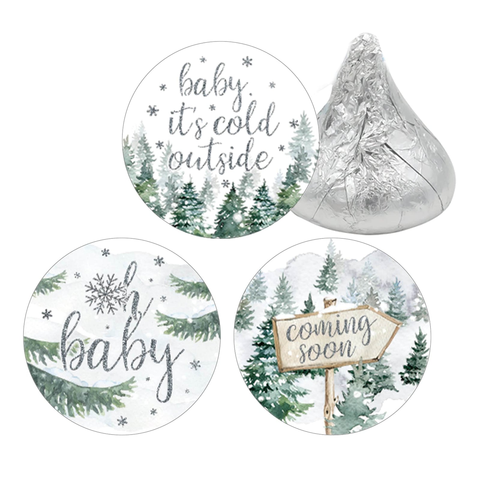 Baby It's Cold Outside Evergreen: Winter Baby Shower - Party Favor Stickers - Fits on Hershey's Kisses - 180 Stickers - Distinctivs Party