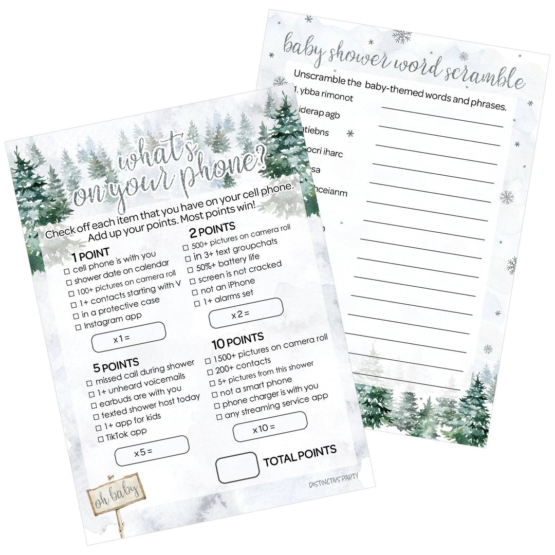 Baby It's Cold Outside Evergreen: Winter Baby Shower - What's On Your Phone and Word Scramble -  Baby Shower Game - Two Game Bundle -  20 Dual Sided Cards - Distinctivs Party