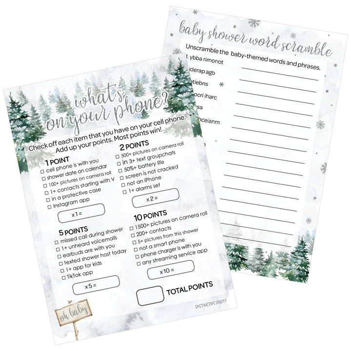 Baby It's Cold Outside Evergreen: Winter Baby Shower - What's On Your Phone and Word Scramble -  Baby Shower Game - Two Game Bundle -  20 Dual Sided Cards - Distinctivs Party
