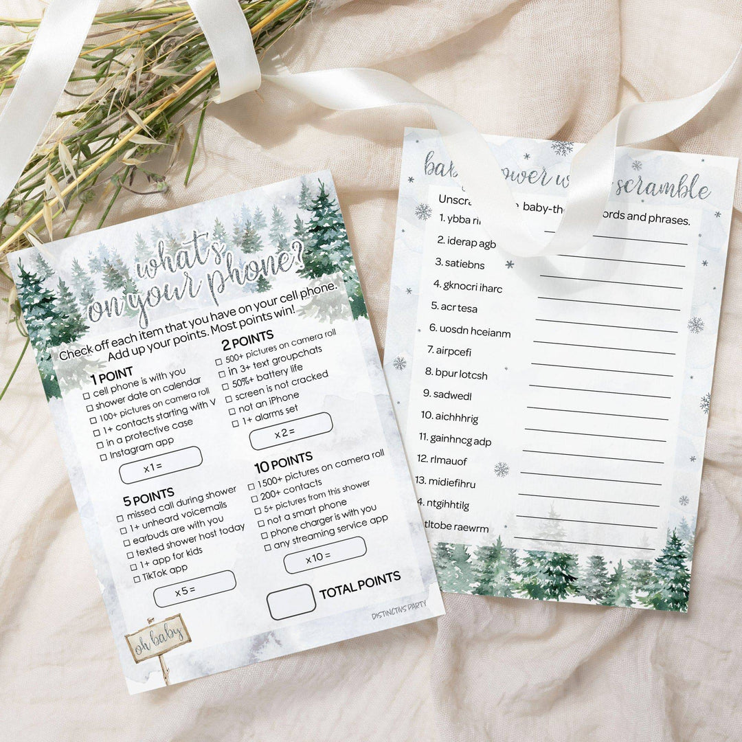 Baby It's Cold Outside Evergreen: Winter Baby Shower - What's On Your Phone and Word Scramble -  Baby Shower Game - Two Game Bundle -  20 Dual Sided Cards - Distinctivs Party