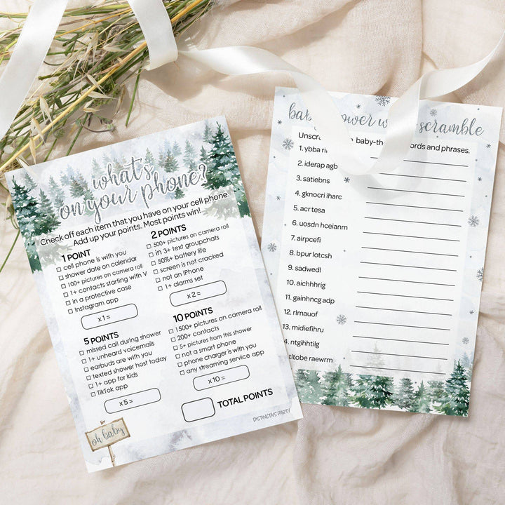 Baby It's Cold Outside Evergreen: Winter Baby Shower - What's On Your Phone and Word Scramble -  Baby Shower Game - Two Game Bundle -  20 Dual Sided Cards - Distinctivs Party