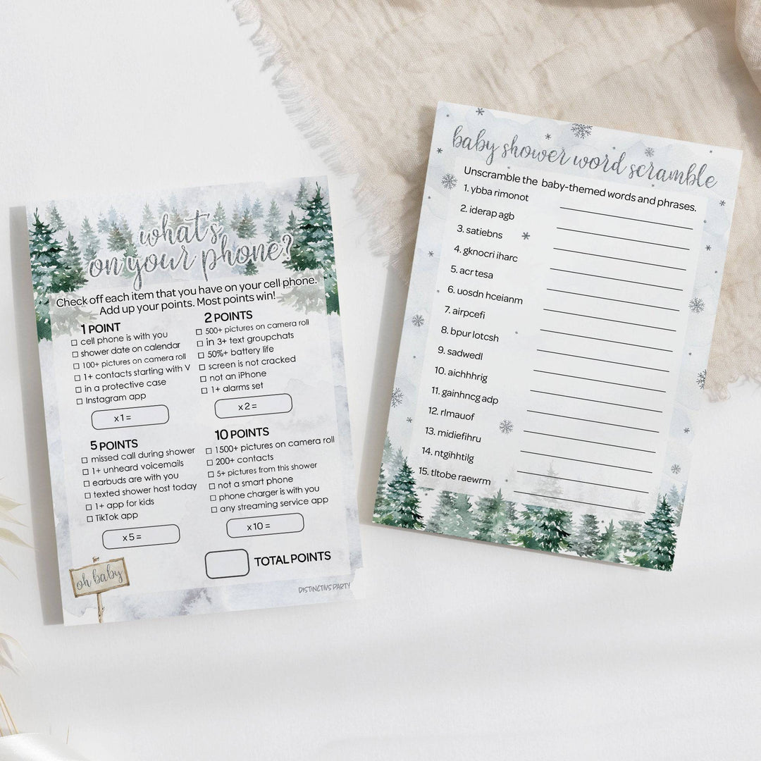Baby It's Cold Outside Evergreen: Winter Baby Shower - What's On Your Phone and Word Scramble -  Baby Shower Game - Two Game Bundle -  20 Dual Sided Cards - Distinctivs Party