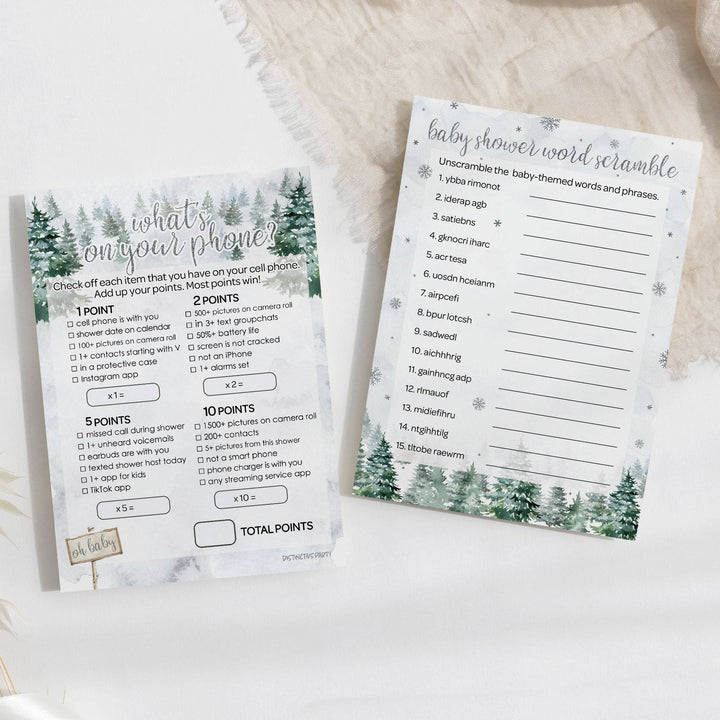 Baby It's Cold Outside Evergreen: Winter Baby Shower - What's On Your Phone and Word Scramble -  Baby Shower Game - Two Game Bundle -  20 Dual Sided Cards - Distinctivs Party