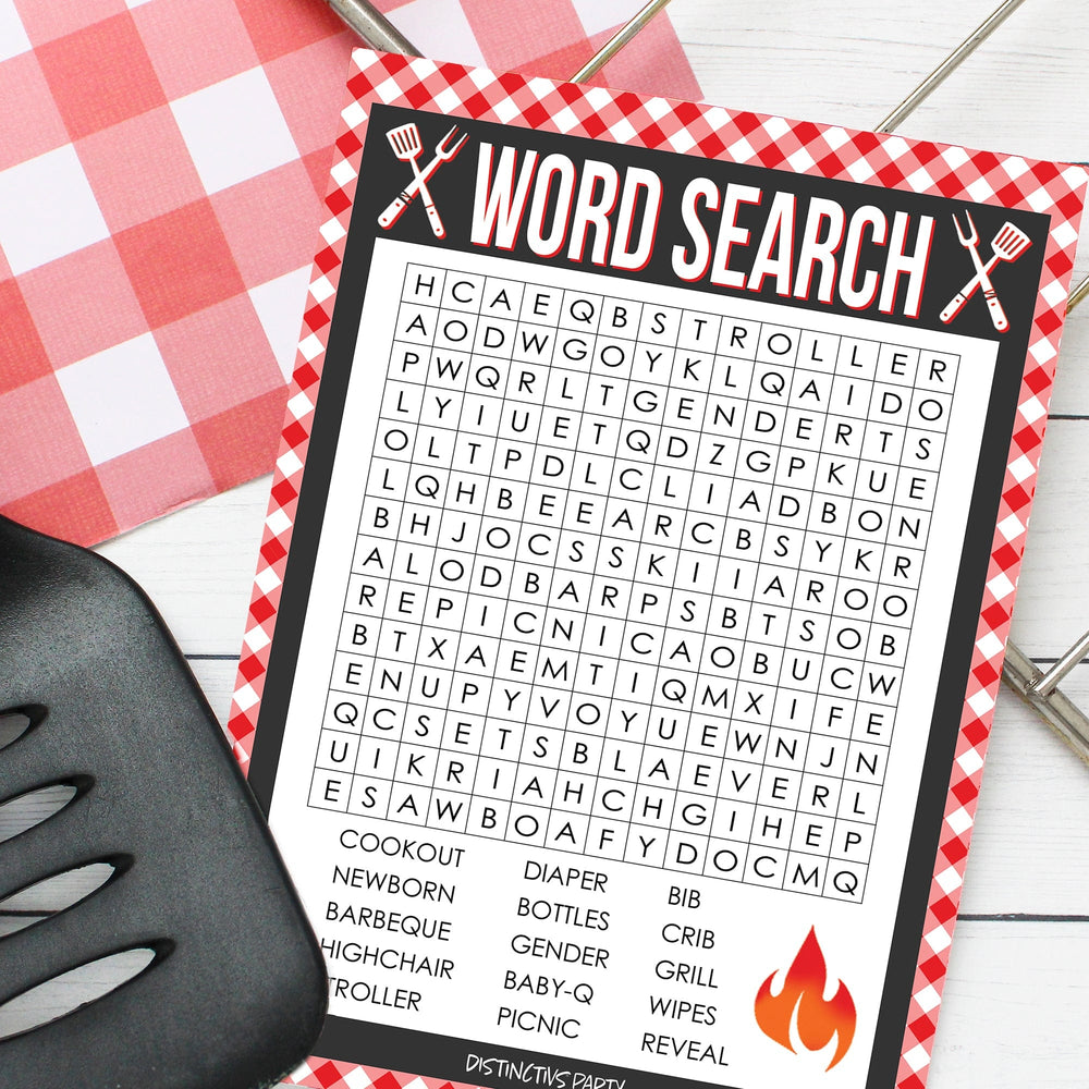 Baby-Q Barbecue Gender Reveal Party - Word Search - 20 Player Cards