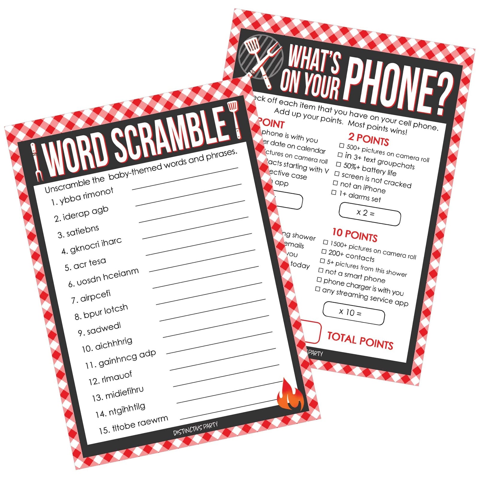 Baby-Q: Summer Barbecue Baby Shower Games- What's On Your Phone and Word Scramble - Two Game Bundle - 20 Dual Sided Cards - Distinctivs Party