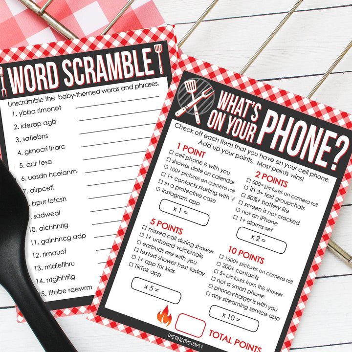 Baby-Q Barbecue Baby Shower 2 Game Bundle - What's On Your Phone and Word Scramble - 20 Dual Sided Cards