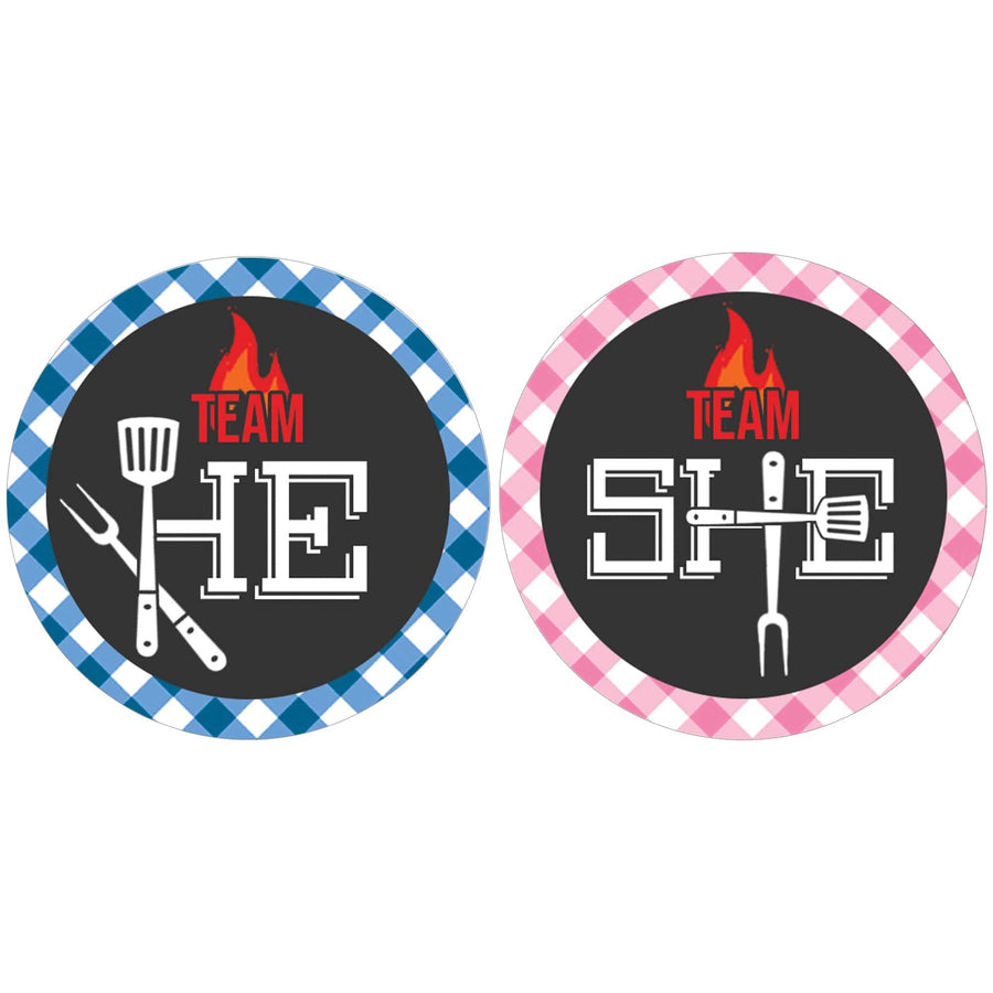 Baby-Q: Summer Barbecue Gender Reveal Baby Shower - Team He or Team She Stickers - 40 Stickers - Distinctivs Party