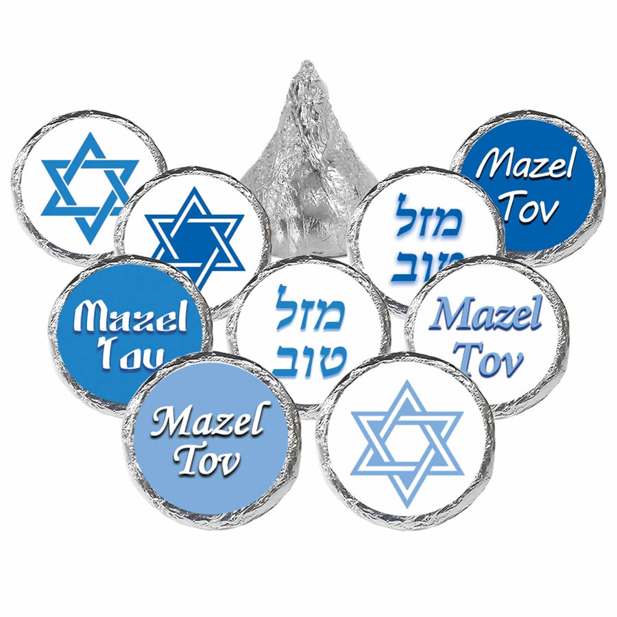 Bar Mitzvah: Blue and White - Mazel Tov Stickers -  Fits on Hershey® Kisses - 180 Stickers - Distinctivs Party