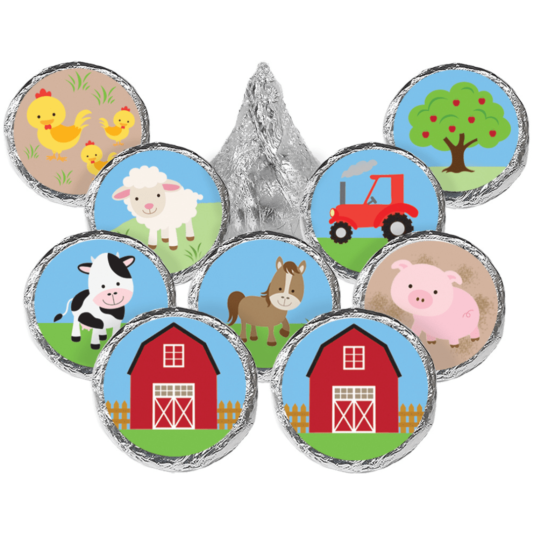 Barnyard Farm Animals:  Kid's Birthday - Round Candy Favor Stickers - Fits on Hershey's® Kisses - 180 Stickers - Distinctivs Party