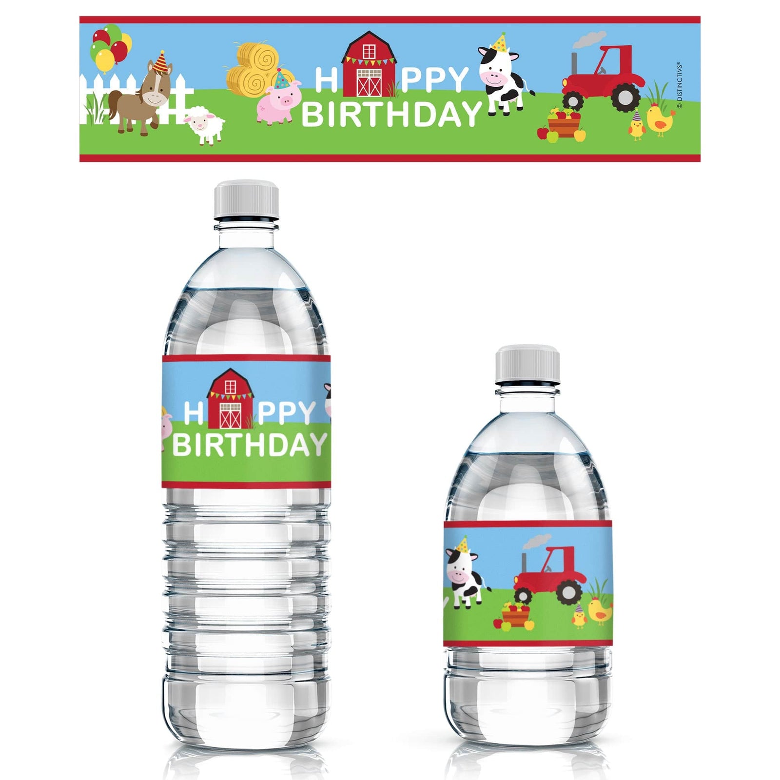 Barnyard Farm Animals:  Kid's  Birthday - Water Bottle Labels - 20 Waterproof Stickers - Distinctivs Party