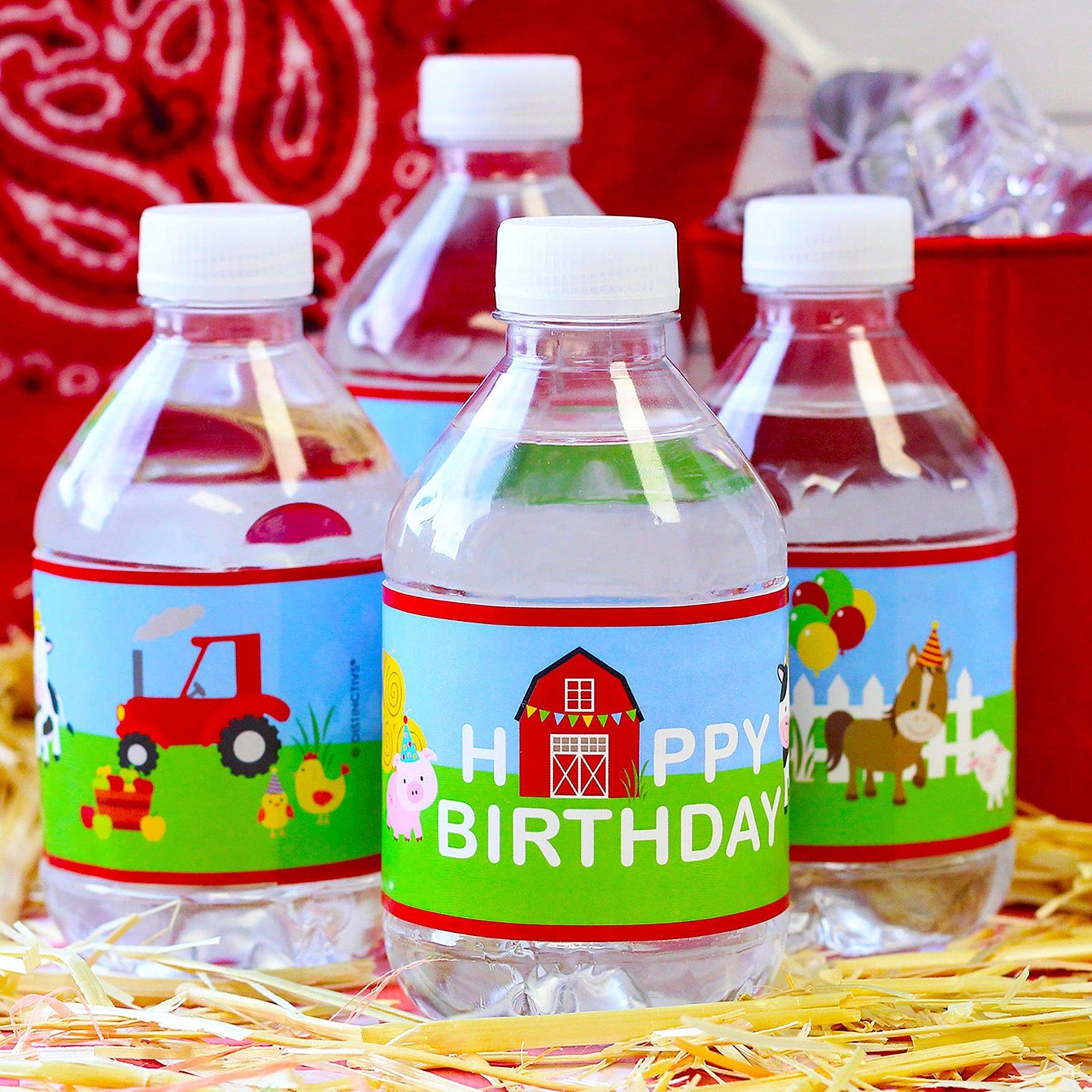 Barnyard Farm Animals:  Kid's  Birthday - Water Bottle Labels - 20 Waterproof Stickers - Distinctivs Party