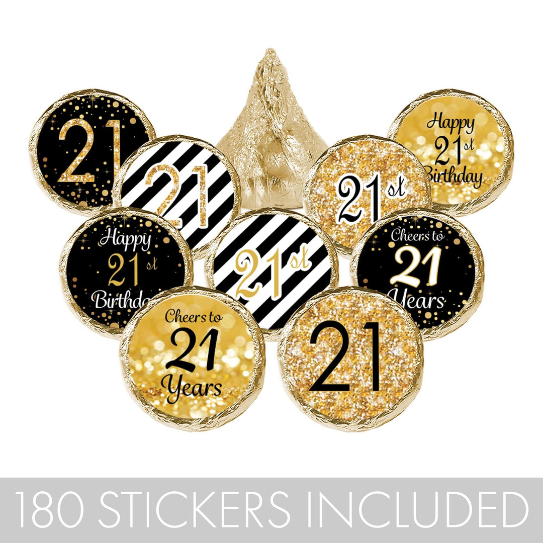 Upgrade your celebration with 180 black and gold stickers for your 21st birthday.