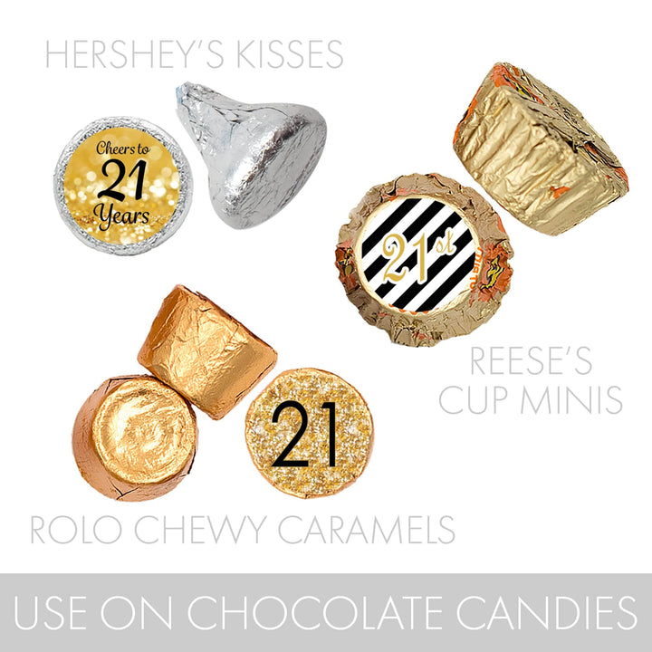 Celebrate in style with these black and gold 21st birthday party favor stickers!
