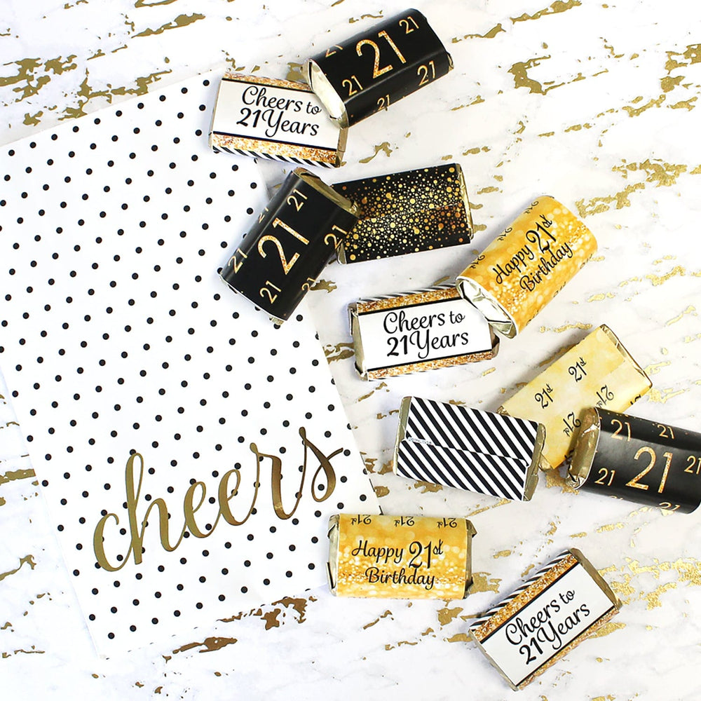 Celebrate your loved one's 21st birthday with these black and gold mini candy bar stickers! 