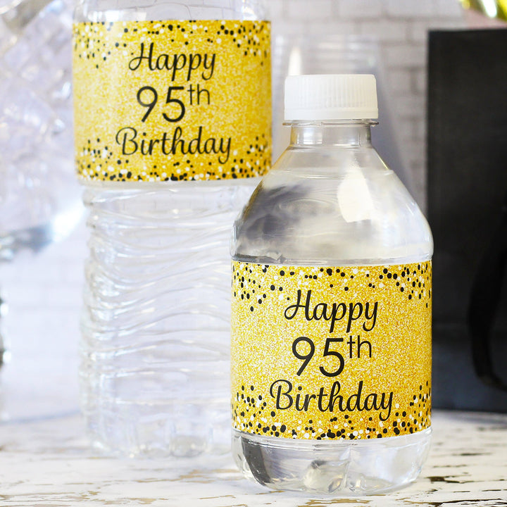 Black and Gold 95th Birthday Party Water Bottle Labels, 24 Count