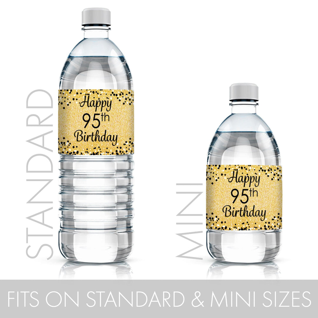 Black and Gold 95th Birthday Party Water Bottle Labels, 24 Count