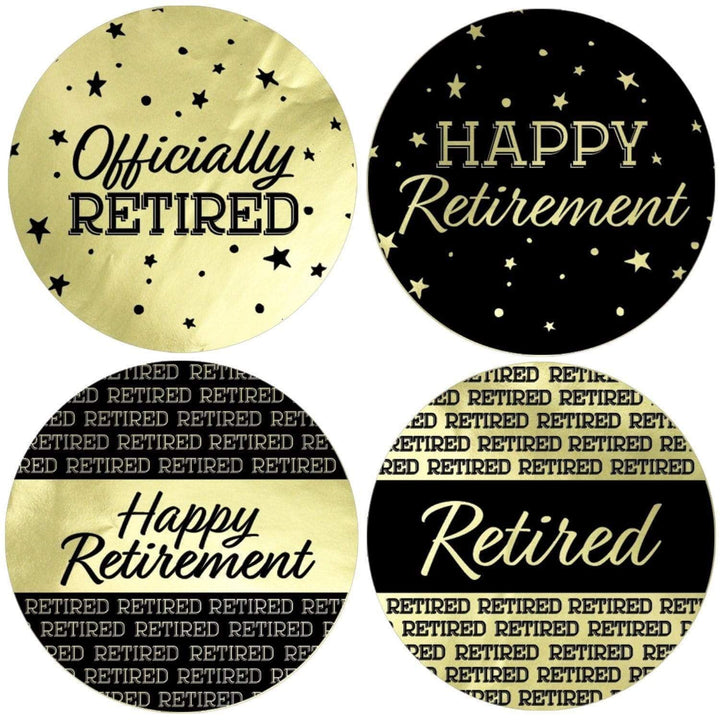 Black and Gold Retirement Party Large Favor Stickers on Shiny Foil - 40ct
