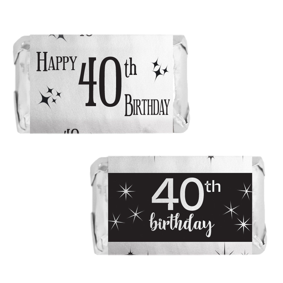 Black and Silver 40th Birthday Shiny Foil Mini Candy Bar Stickers - 45 Count