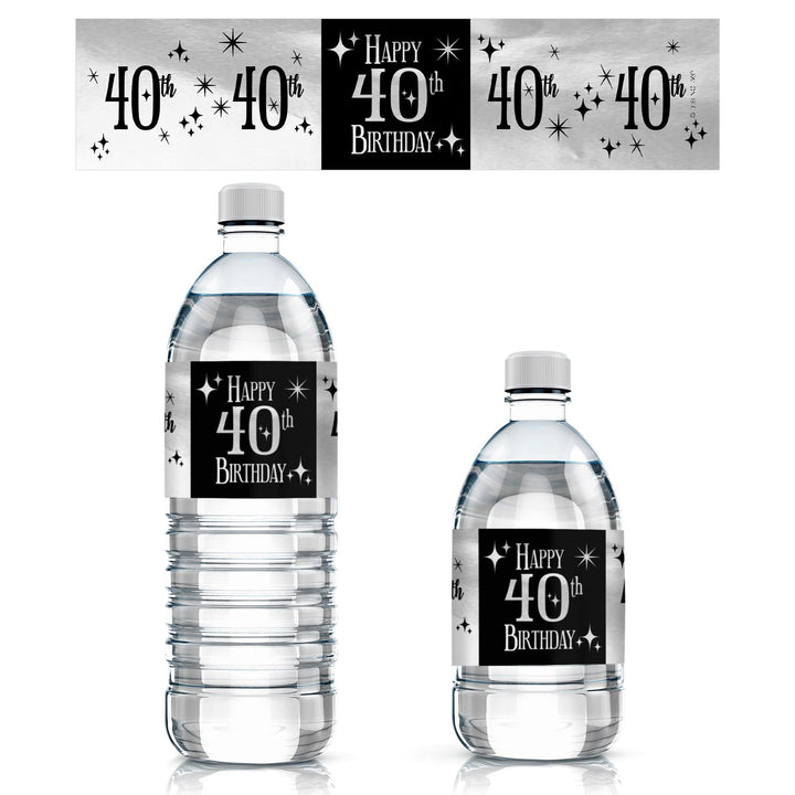 Black and Silver 40th Birthday Shiny Foil Water Bottle Labels, 24 Count