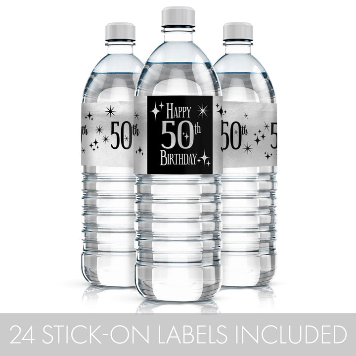 Make a 50th birthday sparkle with these Black and Silver Shiny Foil Water Bottle Labels, 24 Count.