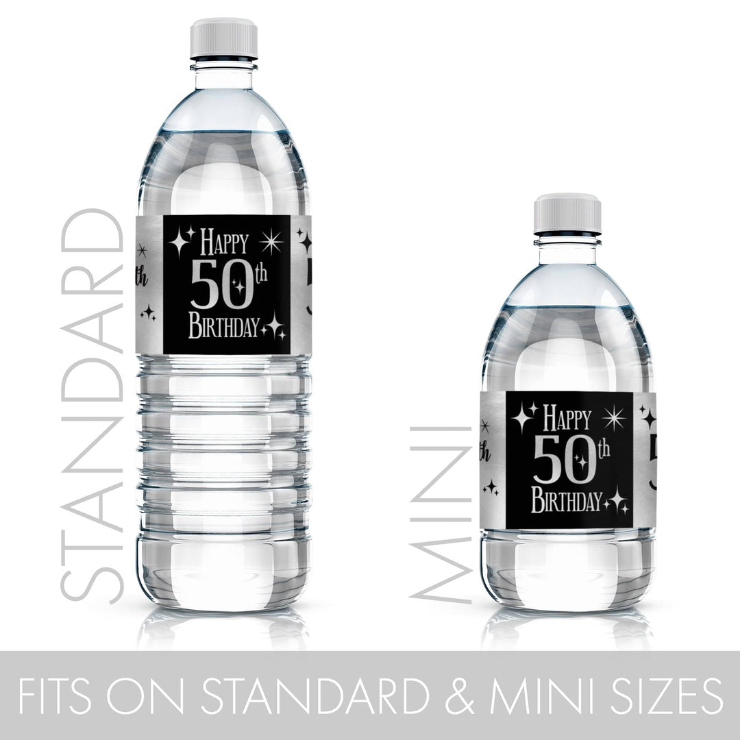 An elegant way to recognize a 50th birthday - Black and Silver Shiny Foil Water Bottle Labels, 24 Count.