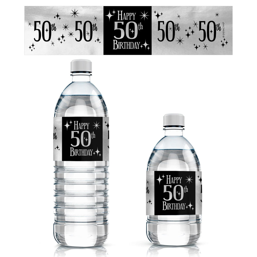 Black and Silver 50th Birthday Shiny Foil Water Bottle Labels, 24 Count