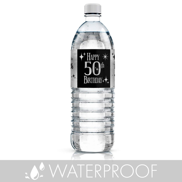 Celebrate a 50th birthday in style with Black and Silver Shiny Foil Water Bottle Labels!