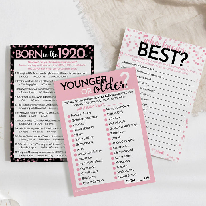 Born in The 1920s Pink - 100th or 105th Birthday Party Game Bundle - 3 Games for 20 Guests - Distinctivs Party