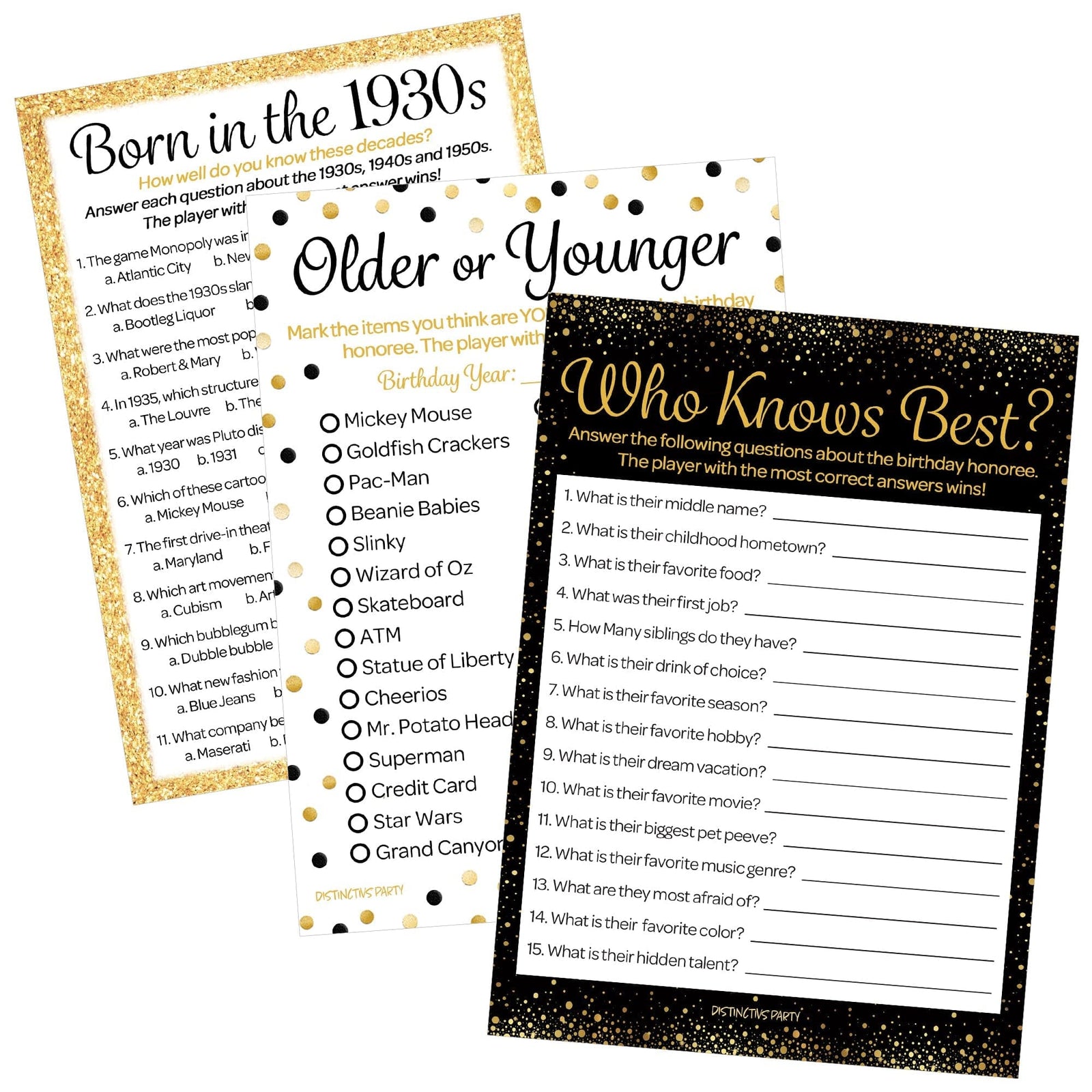 Born in The 1930s Black & Gold - 95th or 90th Birthday Party Game Bundle - 3 Games for 20 Guests - Distinctivs Party