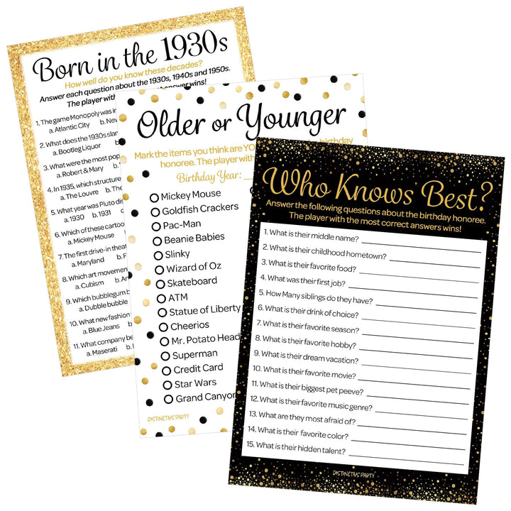 Born in The 1930s Black & Gold - 95th or 90th Birthday Party Game Bundle - 3 Games for 20 Guests - Distinctivs Party