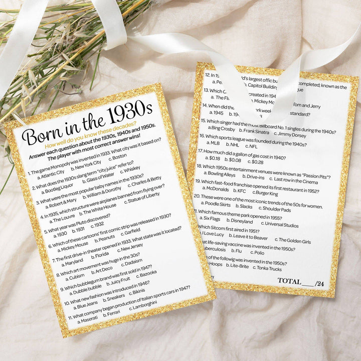 Born in The 1930s Black & Gold - 95th or 90th Birthday Party Game Bundle - 3 Games for 20 Guests - Distinctivs Party