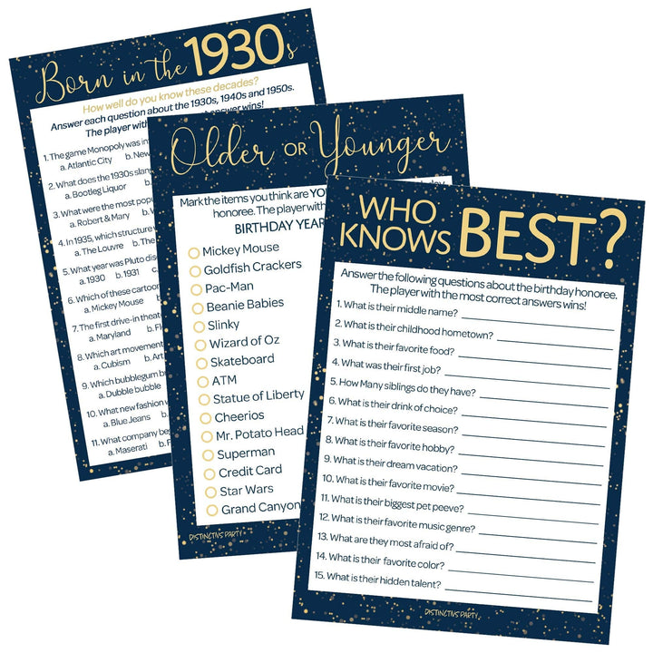 Born in The 1930s: Navy Blue & Gold - Adult Birthday - Party Game Bundle - 3 Games for 20 Guests - Distinctivs Party