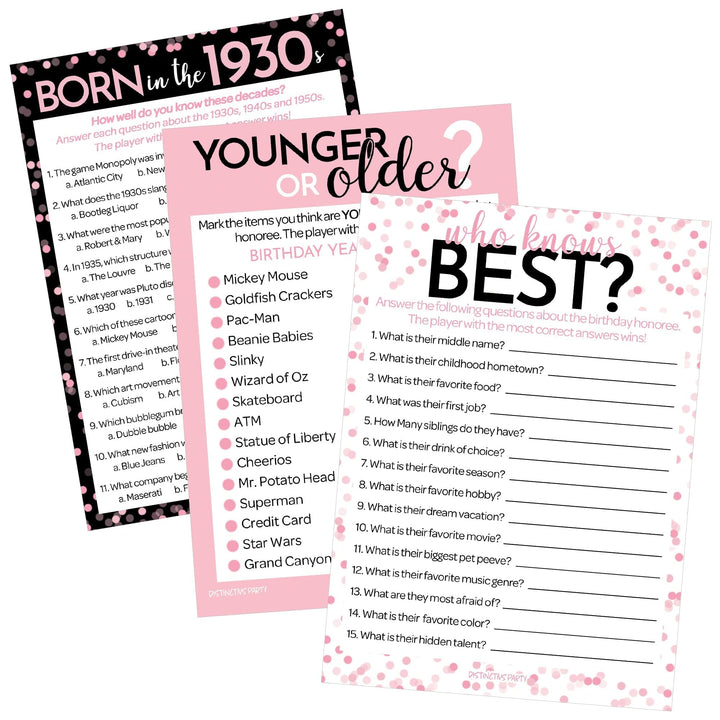 Born in The 1930s Pink & Black - Adult Birthday - Party Game Bundle - 3 Games for 20 Guests - Distinctivs Party