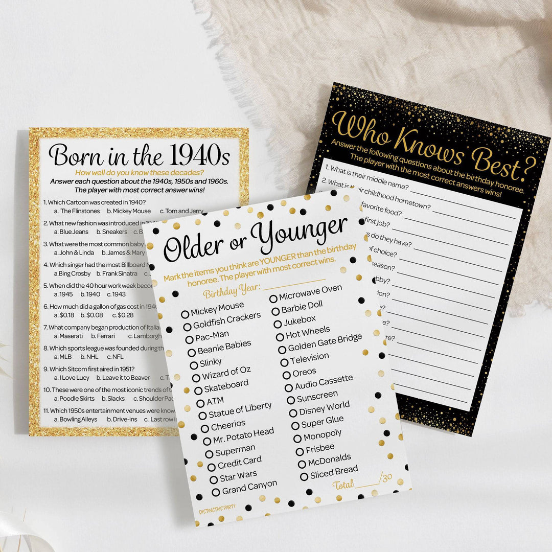 Born in The 1940s Black & Gold Birthday - Adult Birthday - Party Game Bundle - 3 Games for 20 Guests - Distinctivs Party