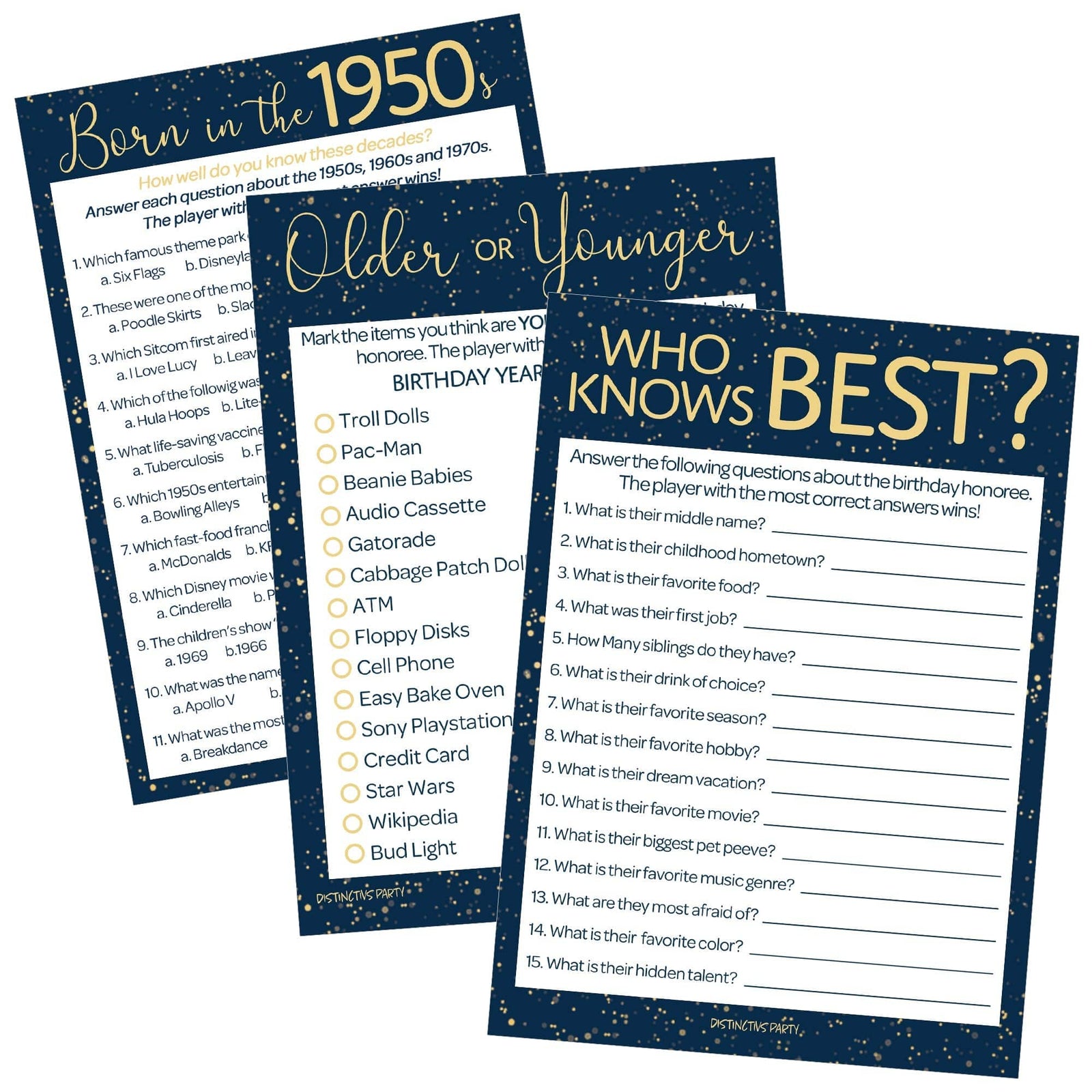 Born in The 1950s: Navy Blue & Gold - 70th or 75th Birthday Party Game Bundle - 3 Games for 20 Guests - Distinctivs Party