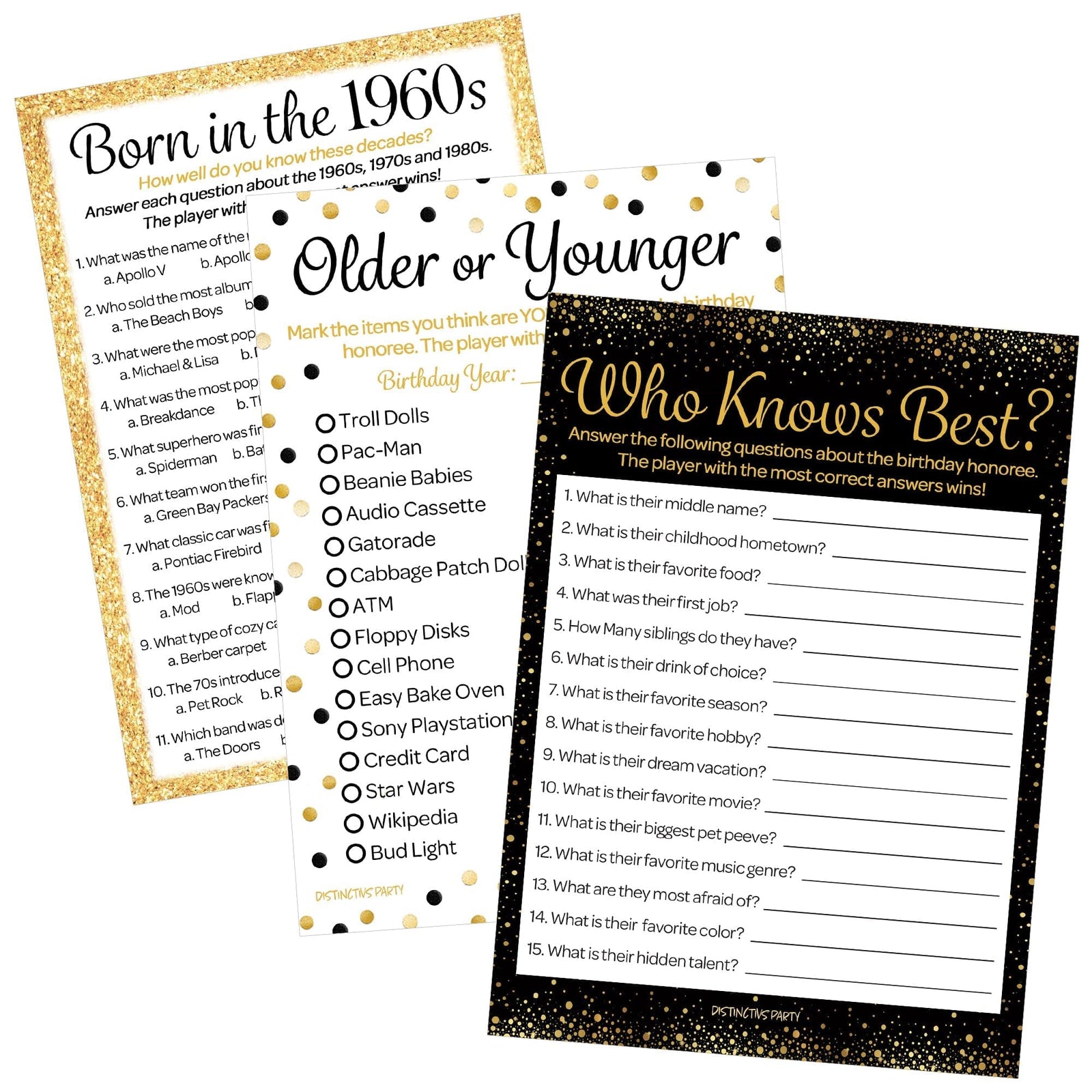 Born in The 1960s Black & Gold - 60th or 65th Birthday Party Game Bundle - 3 Games for 20 Guests - Distinctivs Party