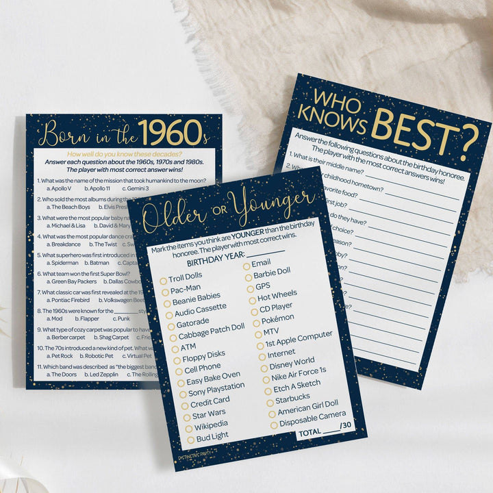 Born in The 1960s: Navy Blue & Gold - Adult Birthday - Party Game Bundle - 3 Games for 20 Guests - Distinctivs Party