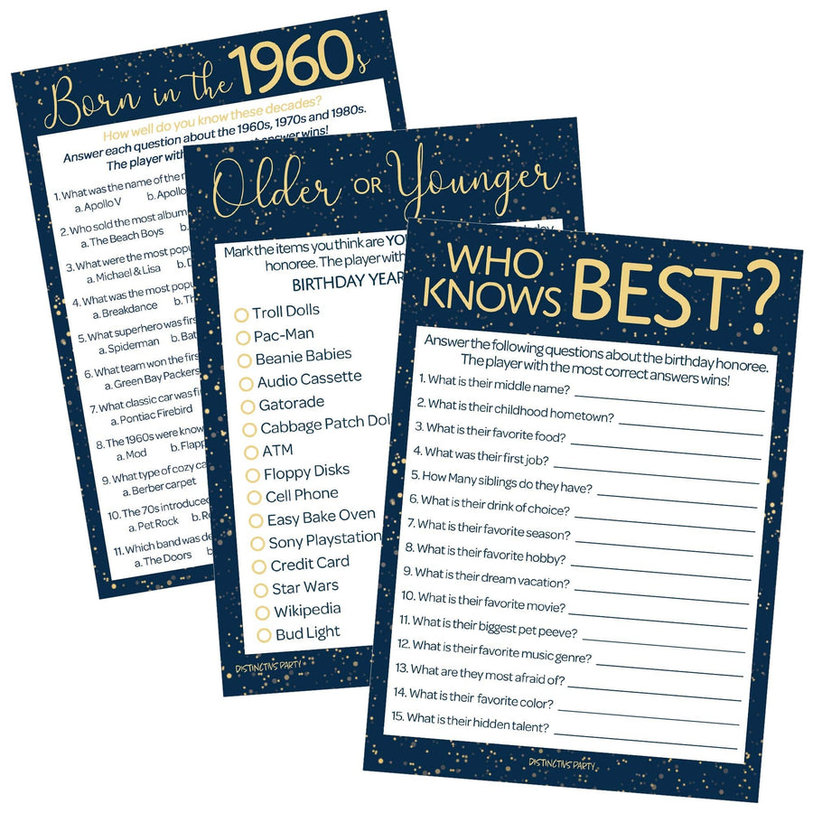 Born in The 1960s: Navy Blue & Gold - Adult Birthday - Party Game Bundle - 3 Games for 20 Guests - Distinctivs Party