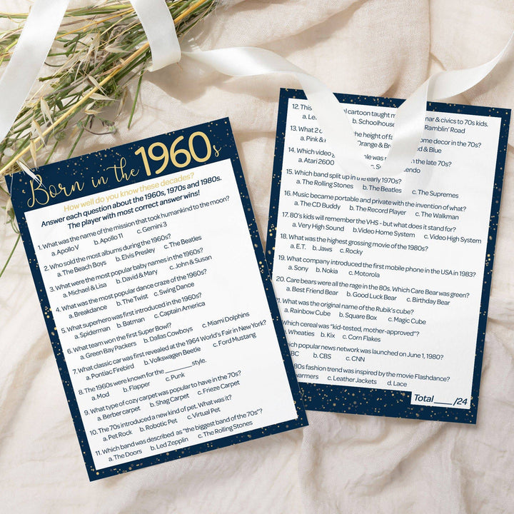 Born in The 1960s: Navy Blue & Gold - Adult Birthday - Party Game Bundle - 3 Games for 20 Guests - Distinctivs Party