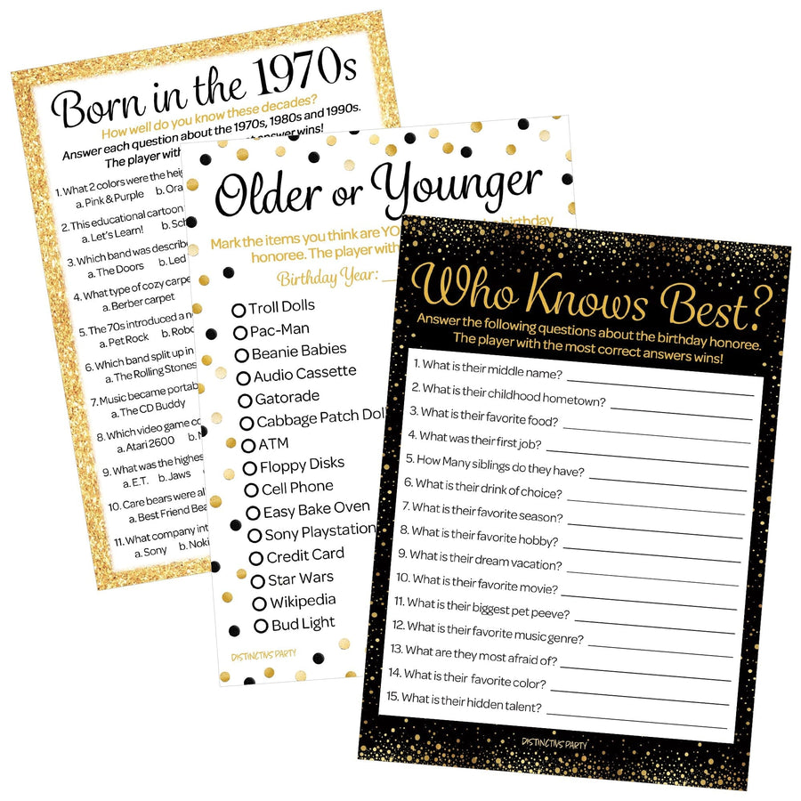Born in The 1970s Black & Gold - 50th or 55th Birthday Party Game Bundle - 3 Games for 20 Guests - Distinctivs Party