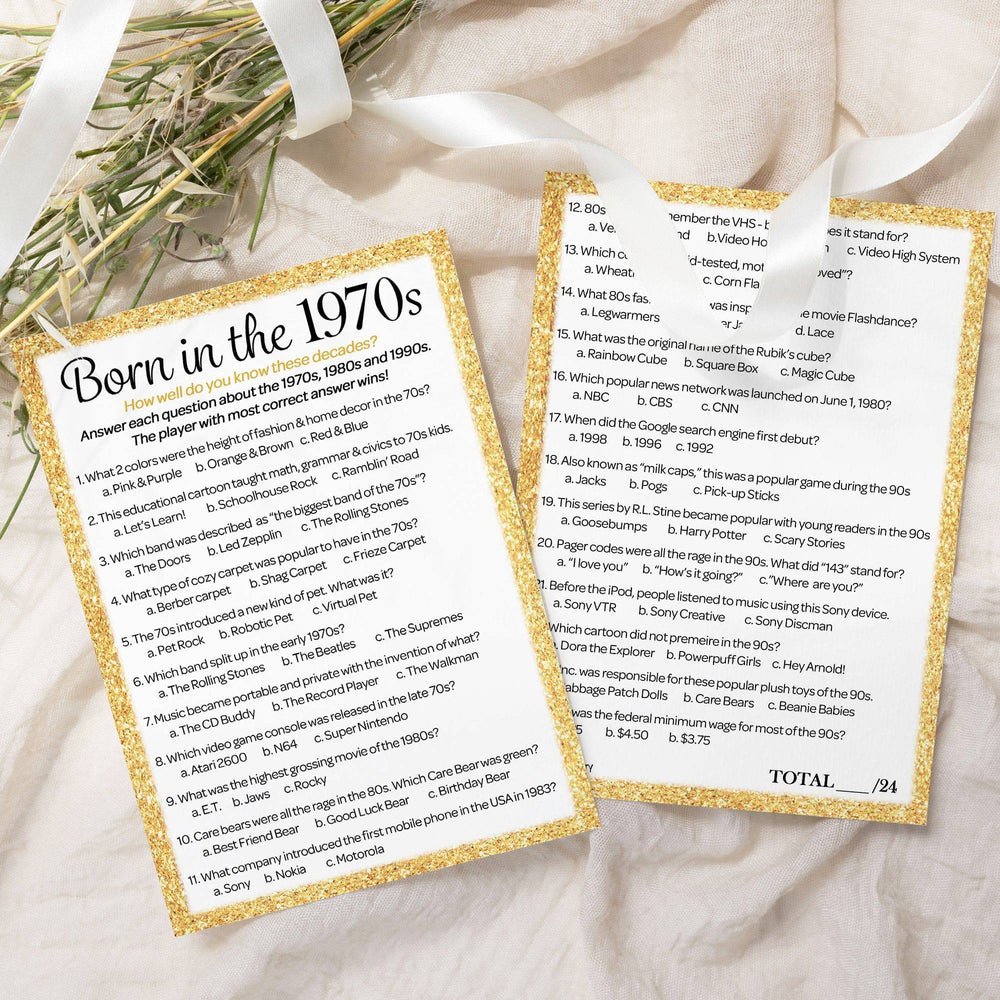 Born in The 1970s Black & Gold - 50th or 55th Birthday Party Game Bundle - 3 Games for 20 Guests - Distinctivs Party