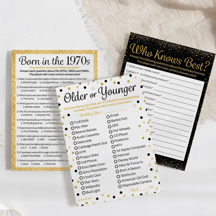 Born in The 1970s Black & Gold - 50th or 55th Birthday Party Game Bundle - 3 Games for 20 Guests - Distinctivs Party