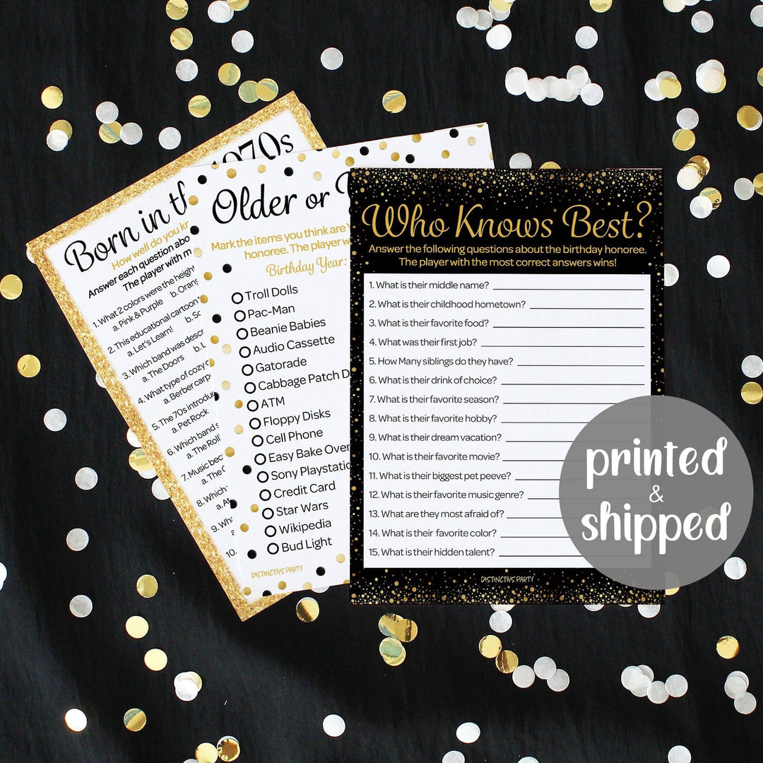 Born in The 1970s Black & Gold - 50th or 55th Birthday Party Game Bundle - 3 Games for 20 Guests - Distinctivs Party