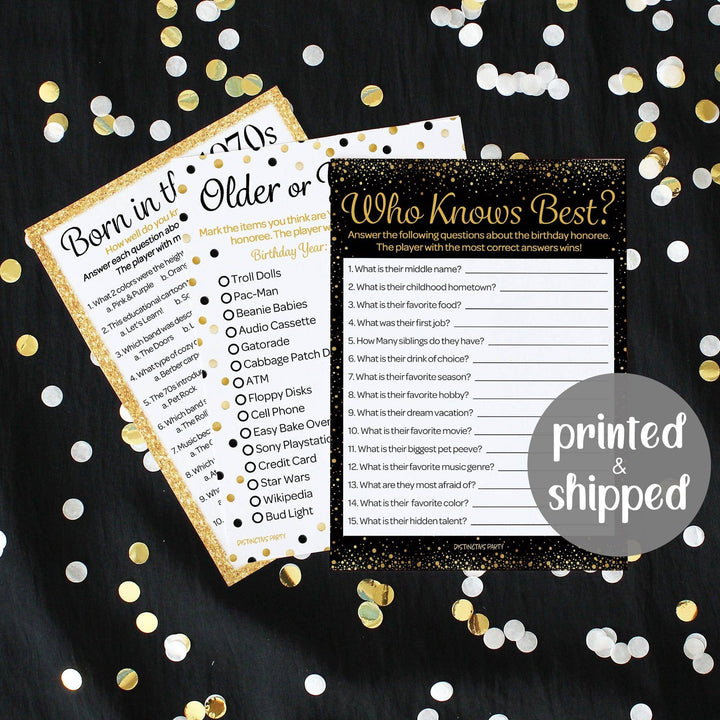 Born in The 1970s Black & Gold - 50th or 55th Birthday Party Game Bundle - 3 Games for 20 Guests - Distinctivs Party